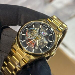Tommy Hilfiger Automatic Watch – Stainless Steel Full Automatic Self Winding Machine Gold Watch with Black Dial
