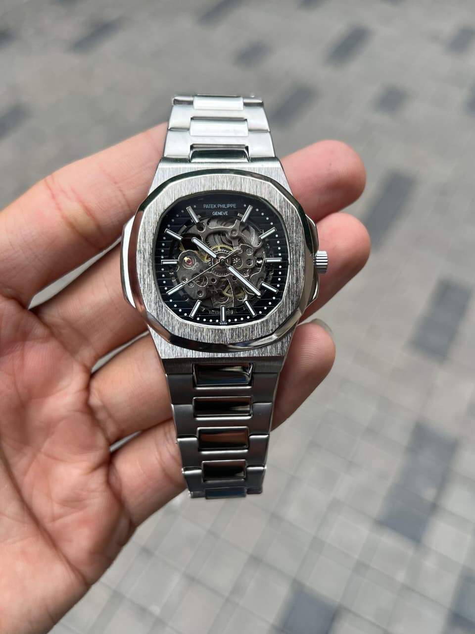 Live Real-Time Photo • Patek Philippe Skeleton Dial Analog Men’s Watch – Silver Stainless Steel Strap (Luxury Style)